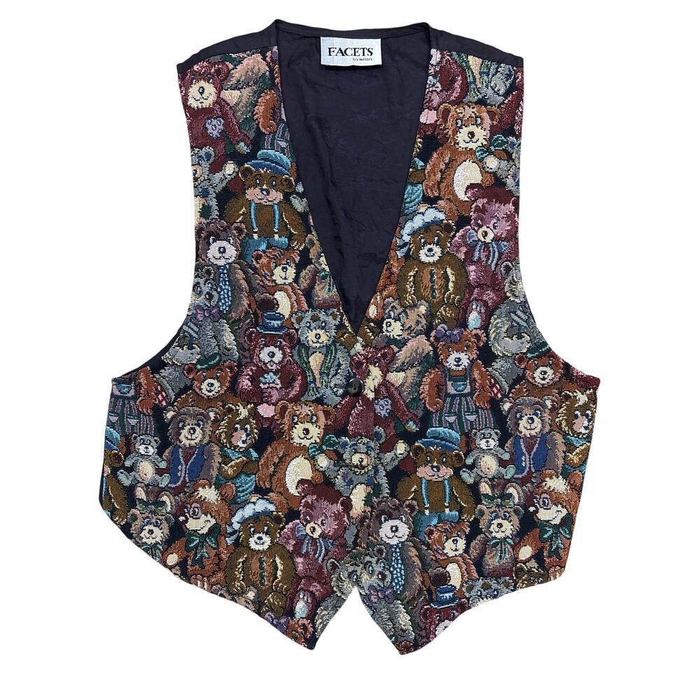 Vintage 90s Facets by Mirrors stitched Teddy Bear AOP suit Vest Medium